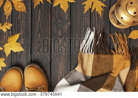 Autumn Fashion Concept. Brown Orange Leather Women Boots With Fur, Checkered Warm Plaid, Golden Autu