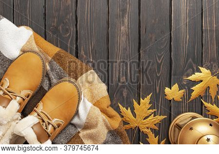 Autumn Fashion Concept. Brown Orange Leather Women Boots With Fur, Checkered Warm Plaid, Golden Autu