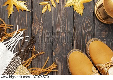 Autumn Fashion Concept. Brown Orange Leather Women Boots With Fur, Checkered Warm Plaid, Golden Autu
