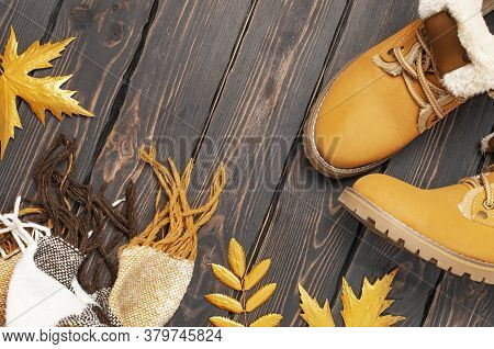 Autumn Fashion Concept. Brown Orange Leather Women Boots With Fur, Checkered Warm Plaid, Golden Autu