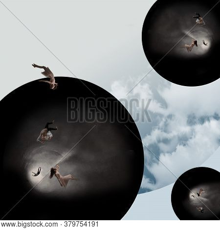 Mid-air Beauty Cought In Moment. Full Length Shot Of Attractive Young Woman And Man Hovering In Air 