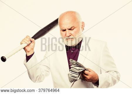 Racket And Raiding. Kingpin Concept. Black Cash Money. Senior Man Hold Cash Money And Baseball Bat. 