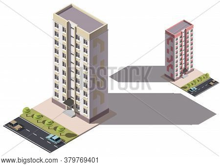 Public Residential Nine-storey Building Isometry. Isometric View Of The House And Cars. 3d Object Fo