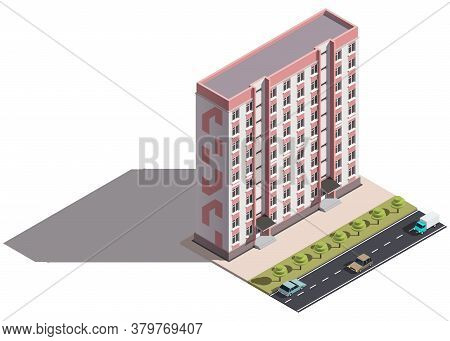 Public Residential Nine-storey Building Isometry. Isometric View Of The House And Cars. 3d Object Fo