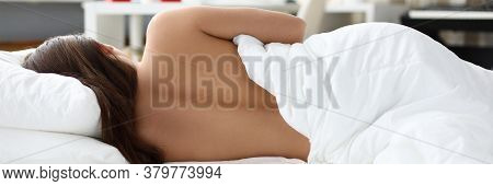 Naked Girl Sleeps At Home Under White Blanket. Insomnia And Normalization Sleep. To Tune Up Body For