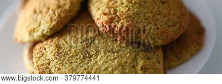 On Table Is Plate And Natural Homemade Cookies. Corn Flour Baking. Prepare Confectionery Yourself Du