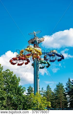 Kouvola, Finland - 14 July 2020: Extreme Ride Taifun In Motion In Amusement Park Tykkimaki