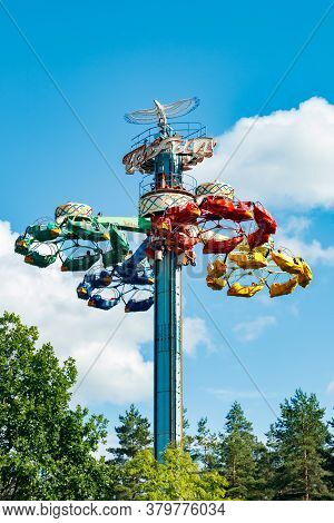Kouvola, Finland - 14 July 2020: Extreme Ride Taifun In Motion In Amusement Park Tykkimaki