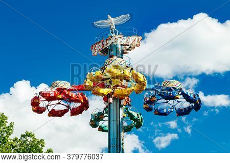 Kouvola, Finland - 14 July 2020: Extreme Ride Taifun In Motion In Amusement Park Tykkimaki