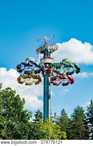 Kouvola, Finland - 14 July 2020: Extreme Ride Taifun In Motion In Amusement Park Tykkimaki