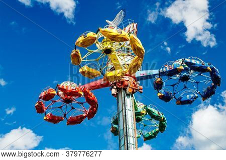Kouvola, Finland - 14 July 2020: Extreme Ride Taifun In Motion In Amusement Park Tykkimaki