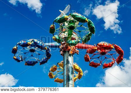 Kouvola, Finland - 14 July 2020: Extreme Ride Taifun In Motion In Amusement Park Tykkimaki