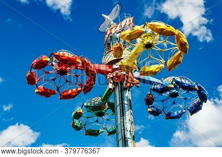 Kouvola, Finland - 14 July 2020: Extreme Ride Taifun In Motion In Amusement Park Tykkimaki