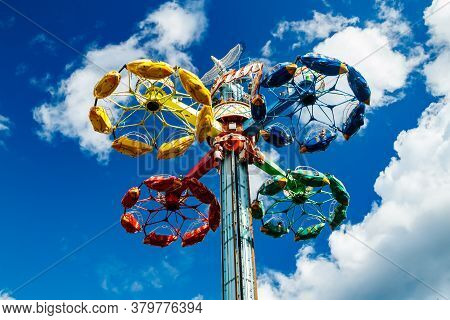 Kouvola, Finland - 14 July 2020: Extreme Ride Taifun In Motion In Amusement Park Tykkimaki