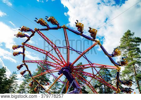 Kouvola, Finland - 14 July 2020: Extreme Ride Endeavour In Motion In Amusement Park Tykkimaki