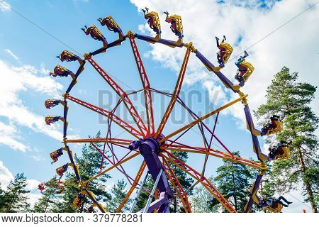 Kouvola, Finland - 14 July 2020: Extreme Ride Endeavour In Motion In Amusement Park Tykkimaki