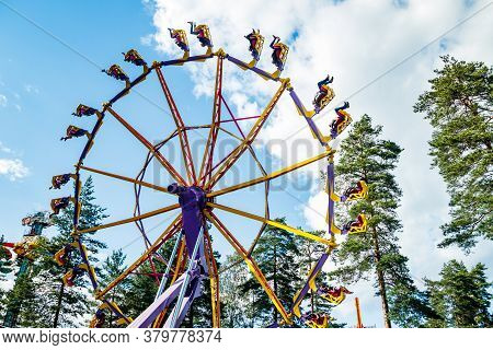 Kouvola, Finland - 14 July 2020: Extreme Ride Endeavour In Motion In Amusement Park Tykkimaki