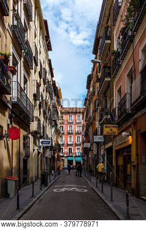 Madrid, Madrid / Spain - March 26 2015:  Old Colonial Street With Many Buildings With Balconies, Sho