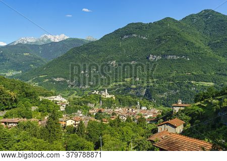 View Of Breno, Brescia, Lombardy, Italy, From The Road To Crocedomini Pass At Summer. Mountain Lands