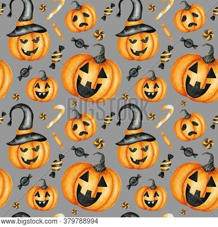 Happy Halloween Seamless Pattern With Jack O Lantern Pumpkins, Candy Sweets Holiday Party Decoration