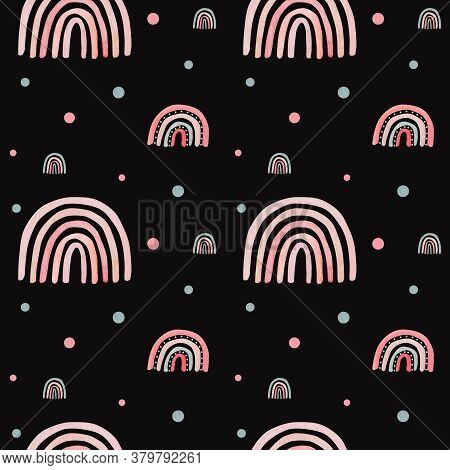 Watercolor Nursery Pink Raindow Seamless Pattern. Hand Painted Rainbows On Darck Black Background. B