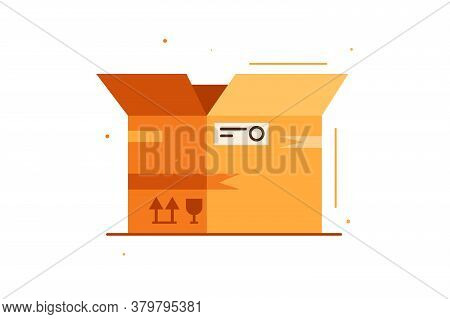 Open Cardboard Box With A Stamp In A Flat Style.