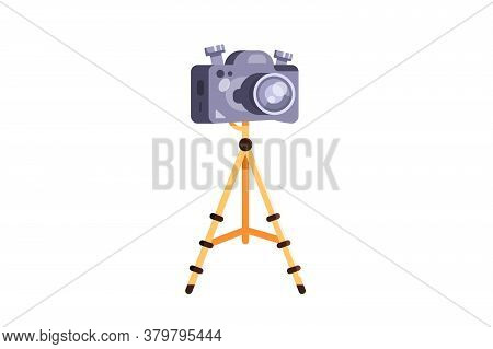Modern Tripod With A Camera In A Flat Style.