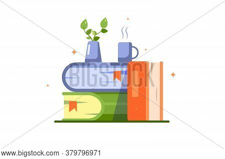 A Stack Of Books With A Cup And A Flower Pot On Them.