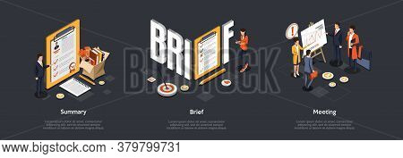 Concept Of Business Organization. Collection Of Scenes In Office With Metaphor Items. Big Summary Te