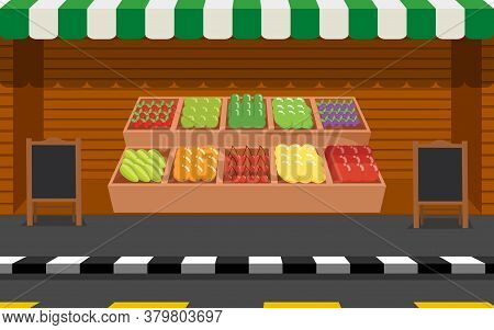 Viwe Of Outdoor Fruit And Vegetable Market On The Street In City