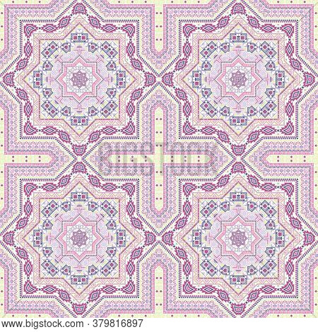Luxury Victorian Majolica Tile Seamless Rapport. Geometric Texture Vector Elements. Rug Print Design