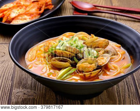 Korean Food. Jjamppong (noodles With Vegetables And Seafood)