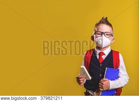 Back To School. Little Schoolboy In Face Mask During Corona Virus And Flu Outbreak. Llness Protectio