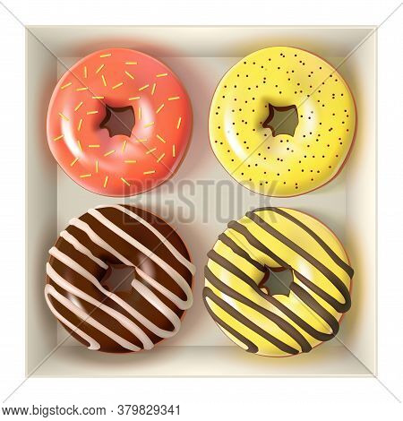 Glazed Colored Donuts Set In The Box 3d. Vector Illustration