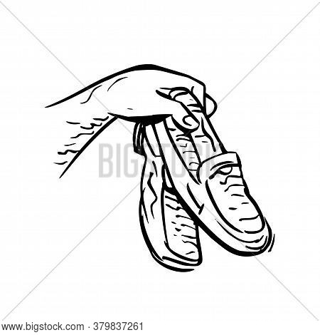 Scratchboard Style Illustration Of A Hand Holding Giving Away A Pair Of Loafers Or Slip On Shoes On 