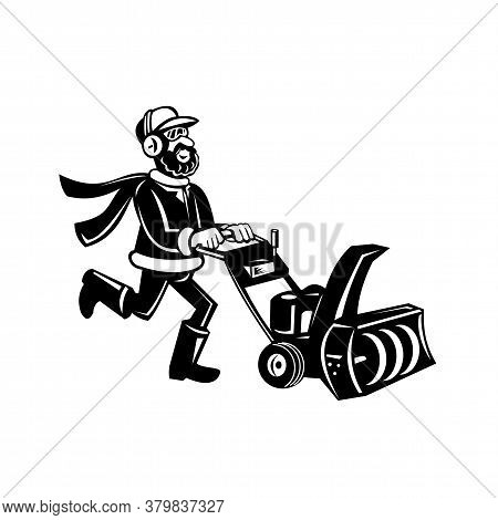 Retro Black And White Illustration Of A Man Pushing A Snow Blower Or Snow Thrower Viewed From Side O