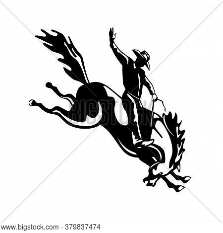 Retro Style Illustration Of A Rodeo Cowboy Riding A Bucking Bronco, A Competitive Equestrian Sport V