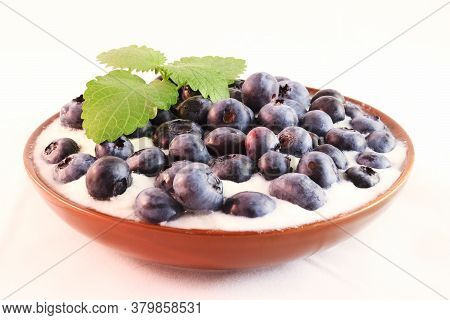 Closeup Of Blueberries In White, Rular Yogurt With Brown Bowl And Piece Of Mint.