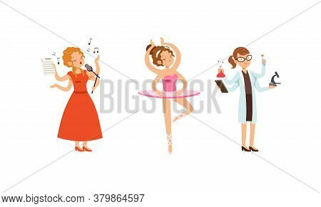 Multitasking People Collection, Girls With Many Hands Singing, Dancing, Doing Scientific Research Ca