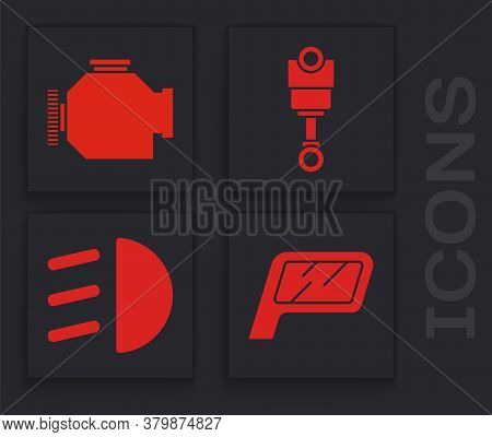 Set Car Mirror, Check Engine, Engine Piston And High Beam Icon. Vector