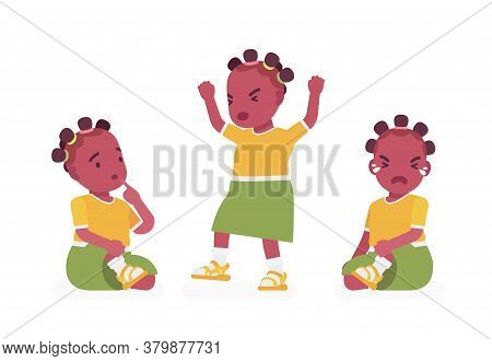 Toddler Child, Black Little Girl Expressing Different Emotions. Cute Sweet Healthy Baby Aged 12 To 3