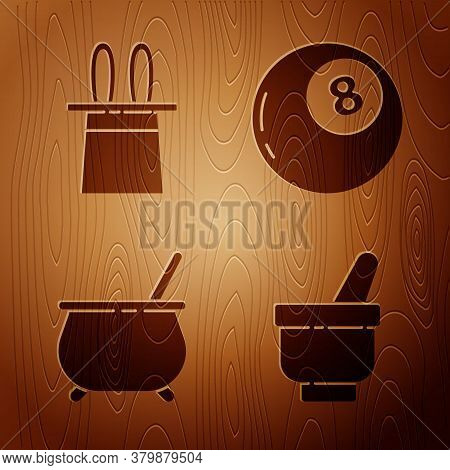Set Magic Mortar And Pestle, Magician Hat And Rabbit Ears, Witch Cauldron And Magic Ball Of Predicti
