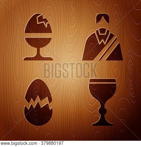 Set Wine Glass, Chicken Egg On A Stand, Broken Egg And Jesus Christ On Wooden Background. Vector