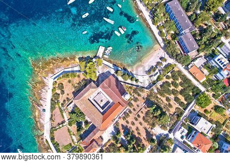 Aerial View Of Franciscan Monastery And Amazing Turquoise Beach In Town Of Hvar, Dalmatia Archipelag
