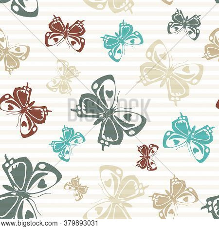 Flying Elegant Butterfly Silhouettes Over Striped Background Vector Seamless Pattern. Childish Fashi