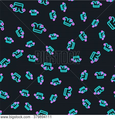 Line Joker Playing Card Icon Isolated Seamless Pattern On Black Background. Jester Hat With Bells. C