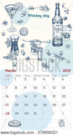 2021 Page Of Wall Vintage Calendar Planner. March Month. Week Starts On Sunday. Alcohol Bar Theme. W