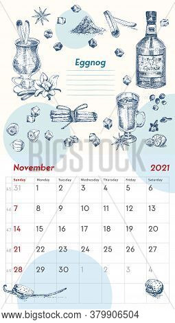 2021 Page Of Wall Vintage Calendar Planner. November Month. Week Starts On Sunday. Alcohol Bar Theme
