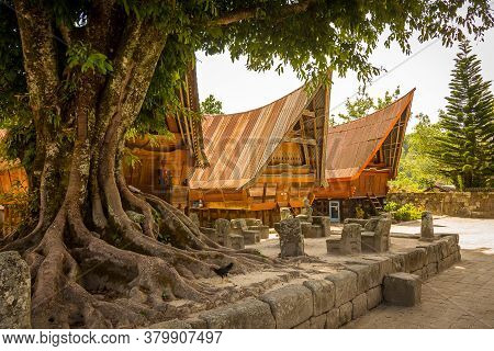 Traditional Bataknese Houses At Samosir, Lake Toba, Sumatra Indonesia