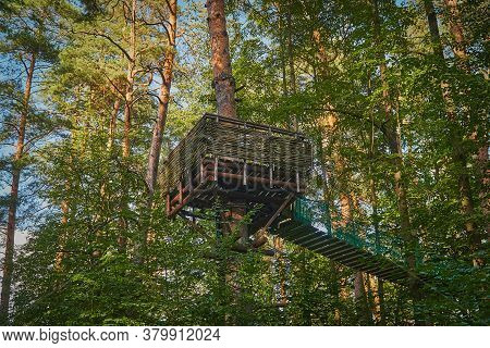 Hunting Ambush On A Tree. An Observation Deck Made Of Wood And Branches Is Arranged On A Tree